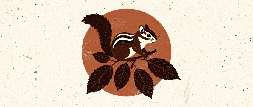 Chipmunk sitting on a leafy branch illustration. Minimalist vector art featuring earthy tones and a circular background on textured paper. Wildlife nature concept for organic branding and decor.