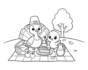 Naklejka premium Cute cartoon turkey wearing a pilgrim hat enjoys a picnic with a chick and apple pie outdoors