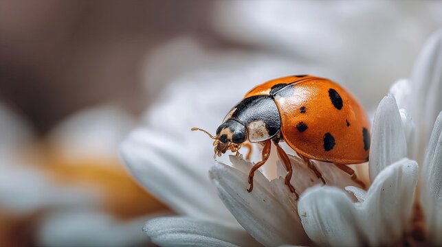 A ladybug perched on a white flower in a natural outdoor setting with blurred background