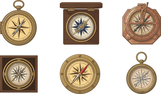 Vintage compass vector illustration collection featuring antique navigation tools pocket watch brass dials and maritime marine sundial equipment for nautical design concepts.