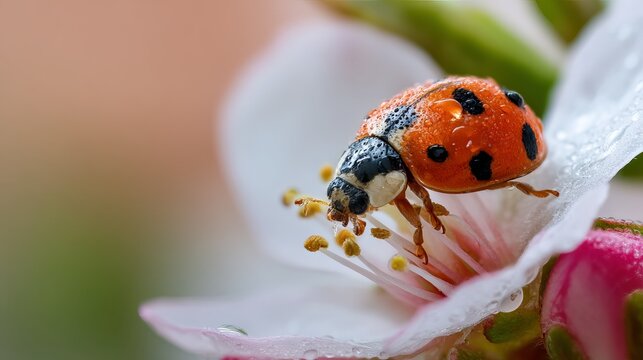 A ladybug is perched on a white flower with pink accents in a natural outdoor setting.