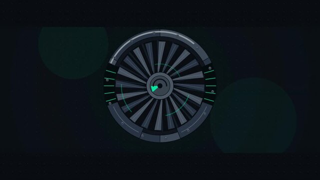 Abstract animated jet engine spinning up its stages drawn as cool blue-white lines and shapes on a deep dark background. Seamless looping 4K motion graphics video with free space for text, ideal for t