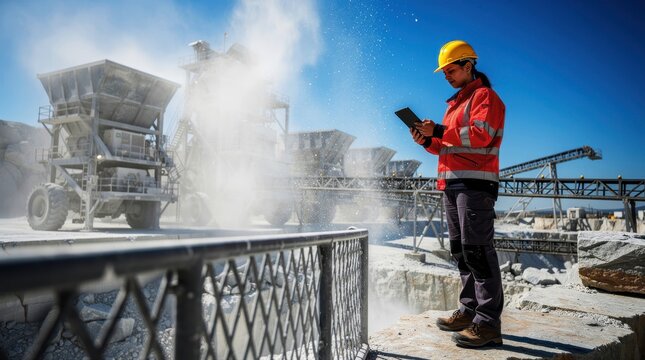 Female engineer using tablet at a dusty industrial quarry. Professional worker monitoring mining operations in high-visibility gear. Resource management concept for industrial marketing.