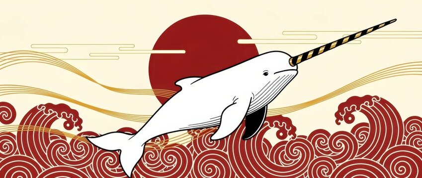 White narwhal jumping over red waves under a large sun. Traditional Japanese ukiyo-e style illustration with minimalist elements. Oriental marine art concept for Asian-themed decor and marketing.
