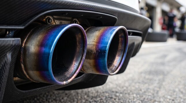 Custom vehicle titanium exhaust tips featuring heat treated blue and purple finish look.