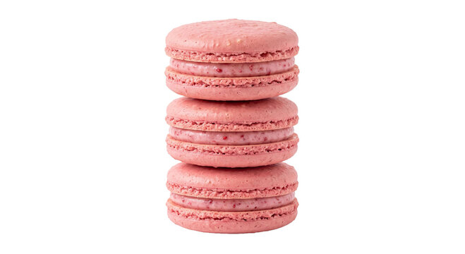 Stack of three pink raspberry macarons with creamy filling and visible fruit pieces