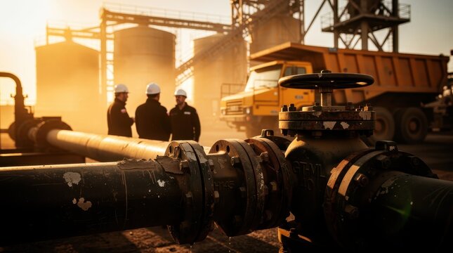 Large industrial valve and pipeline system at a mining site. Engineering team in hard hats discussing operations near a heavy dump truck at sunset. Energy infrastructure and industrial safety concept.