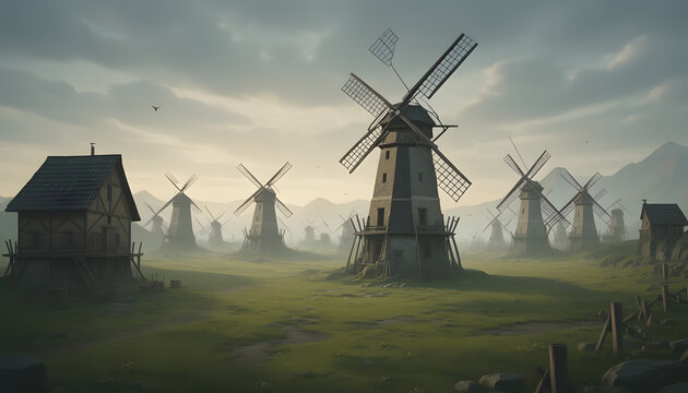 A prominent old windmill stands tall in a scenic rural field surrounded by traditional structures.