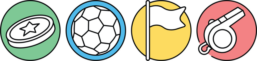 Fototapeta premium Soccer referee line icon set featuring coin toss soccer ball linesman flag and whistle inside colorful round badge buttons for football match officiating.