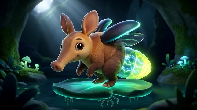 Cute aardvark fantasy creature with glowing wings on lily pad