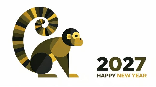 Geometric monkey illustration for the year 2027. Modern flat design with stylized animal and New Year greeting. Festive Chinese zodiac concept, suitable for marketing and holiday cards.