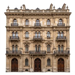 Obraz premium Ornate historic European building with arched windows and wrought iron balconies