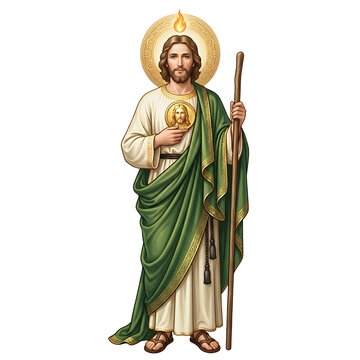 Illustration of Saint Jude Thaddeus, patron saint of difficult causes, with green mantle and staff.
