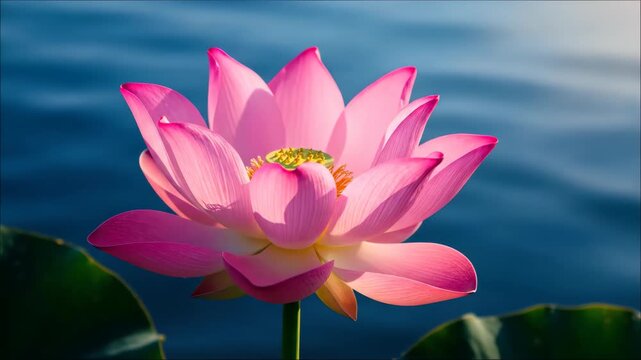 Pink lotus flowers blooming on the water, close-up of blooming pink lotus flowers