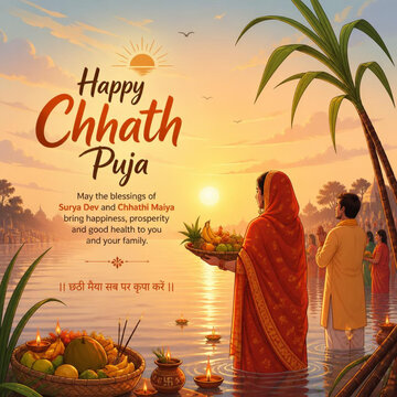 Happy chhath puja greeting design featuring woman offering prayers by river at sunrise hindu festival woman praying indian festival sun god golden hour graphic design vector art festival