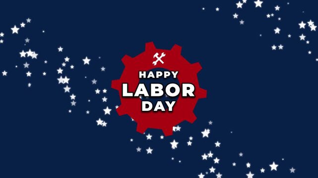 Happy Labor Day Animated Red Gear Badge on Dark Blue Background with Sparkling Stars