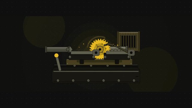 Abstract animated key cut to a new profile drawn as yellow and gold lines and shapes on a deep dark background. Seamless looping 4K motion graphics video with free space for text, ideal for title sequ