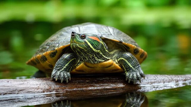 Close-up of a turtle lying on a log, close-up of a turtle sunbathing its back