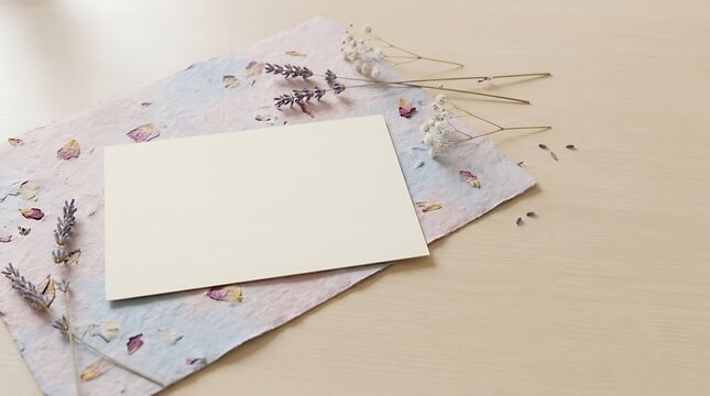 A blank 4x6 postcard mock up resting on handmade pastel paper decorated with dried lavender and baby breath flowers on wooden surface