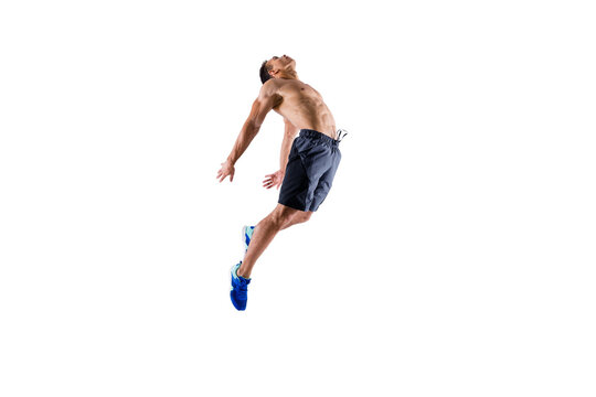 Full length body size view of his he nice attractive sportive devoted professional purposeful guy team player jumping striving isolated over light white pastel color background