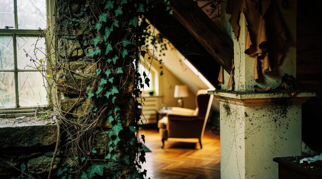 Green ivy vines growing on stone walls inside an abandoned house. Decaying interior featuring a blurred wingback chair and broken window. Nature reclaiming architecture concept for storytelling.