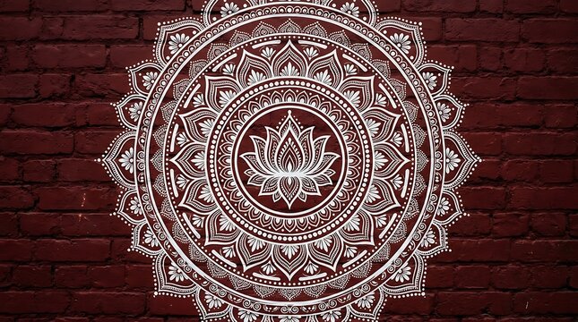 White Lotus Mandala Ornamental Pattern on Dark Red Background