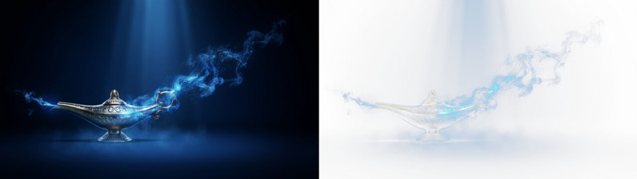 Magical genie lamp with glowing blue smoke coming out, isolated on transparent background
