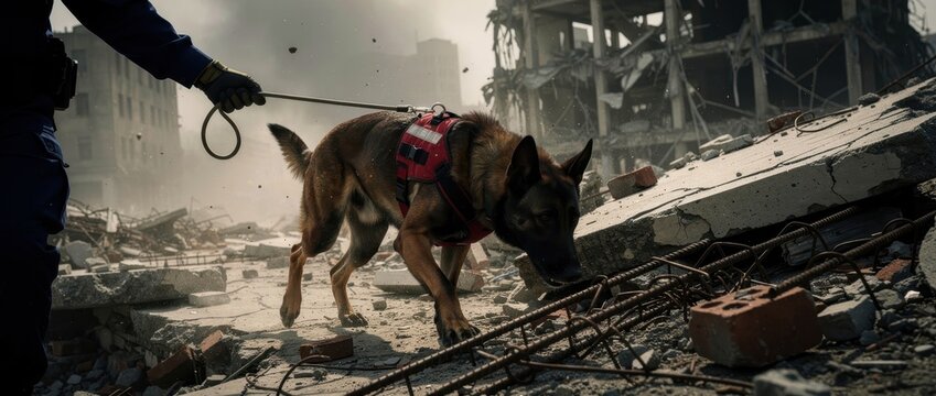 Search dog searching through rubble with handler. K9 unit working in disaster zone with destroyed buildings and debris. Emergency response concept for humanitarian aid.
