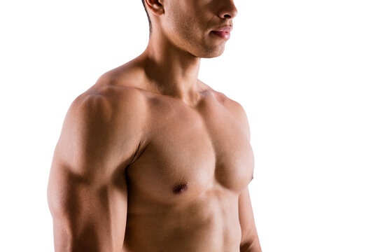 Cropped close-up view portrait of his he nice attractive sportive virile guy ripped shape figure personal trainer coach motivation fighter competitor isolated over light white pastel color background