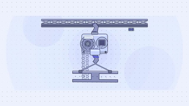 Abstract animated chain hoist lifting on its block drawn as blue and cyan lines and shapes on a bright, clean light background. Seamless looping 4K motion graphics video with free space for text, idea