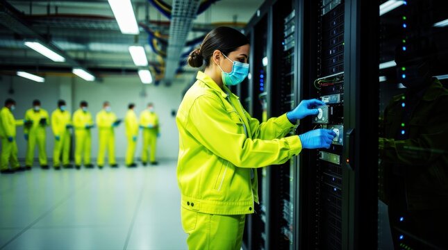 Technician in yellow protective suit and face mask working on server hardware. IT professional performing maintenance in a high-tech data center. Digital infrastructure and safety concept.