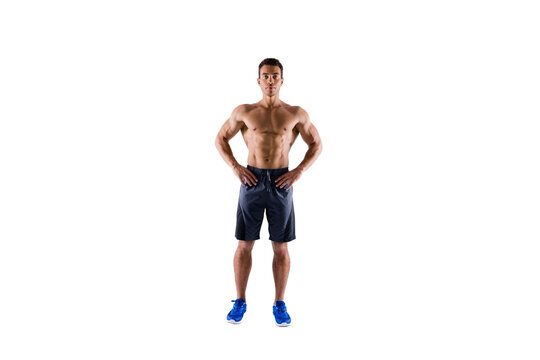 Full length body size view of his he nice attractive serious content sportive tanned tall guy ripped shape figure professional fighter competitor posing isolated on light white pastel color background