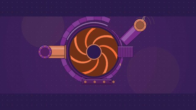 Abstract animated impeller throwing fluid outward drawn as violet and blue lines and shapes on a deep dark background. Seamless looping 4K motion graphics video with free space for text, ideal for ind