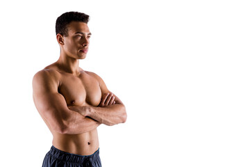 Profile side view portrait of his he nice attractive powerful strong content tanned guy ripped...