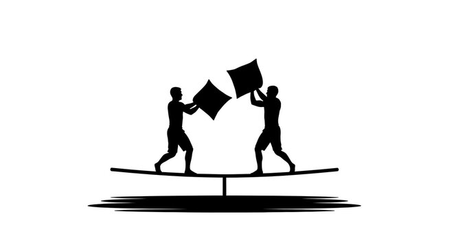 Silhouette of two men having a pillow fight on a beam