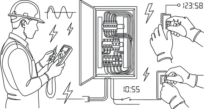 Electrician Working on Electrical Panel Continuous Line Art Vector Set with Multimeter Repair Testing and Light Switch Installation