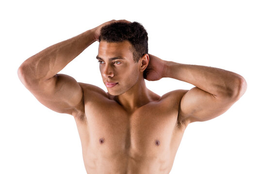 Close-up portrait of his he nice attractive well-groomed sportive guy ripped body touching hairdo washing shampoo lotion balm clean clear skin isolated on light white pastel color background
