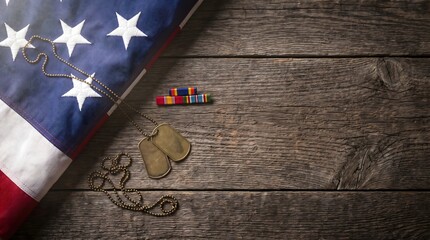 Naklejka premium Blank Military Dog Tags and Military Ribbon Bar on Folded American Flag with Dark Wood Copy Space