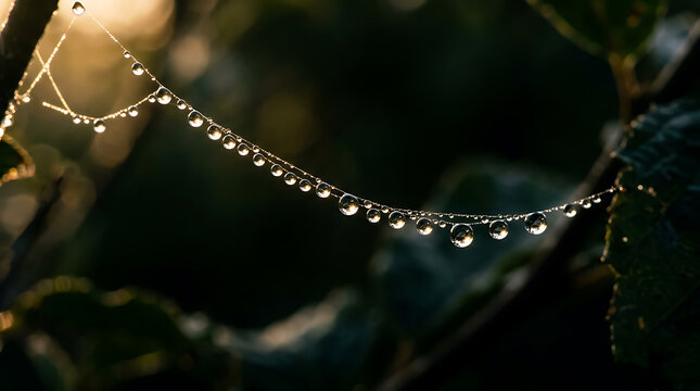 Macro Shot of Water Dew Drops Hanging on Spider Web Thread