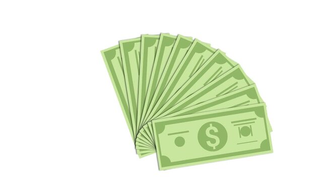 Dollar money overlay flat animation with spread motion to fan shape stack on white background and green screen. 4K animated money for financial growth, money explainer, reward, and motion graphics.