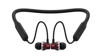 Obraz premium Wireless neckband headphones with red metallic earbuds. Bluetooth sports earphones for running. Modern audio headset with flexible collar. isolated PNG with Transparent Background