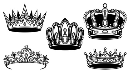Elegant black and white queen crown and tiara collection with gemstones decorative bands floral ornaments for royal vector designs © Ridwan