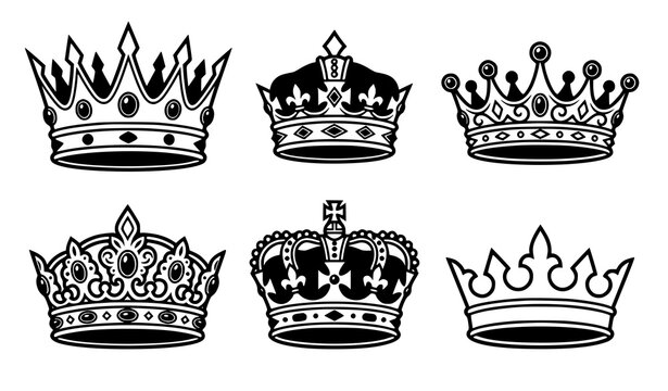 Black and white royal crown collection with jewels decorative bands and ornate king queen designs for luxury vector illustrations