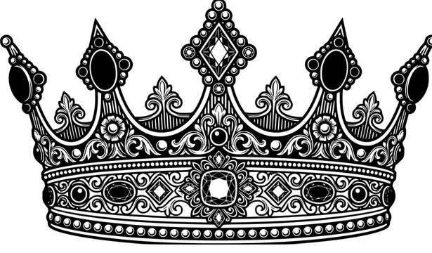 Ornate black and white jeweled king crown with decorative bands gemstones and symmetrical royal filigree vector illustration