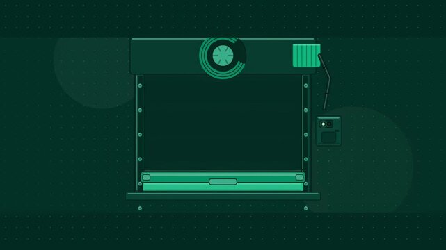 Abstract animated rolling shutter coiling up its slats drawn as cyan and teal lines and shapes on a deep dark background. Seamless looping 4K motion graphics video with free space for text, ideal for 