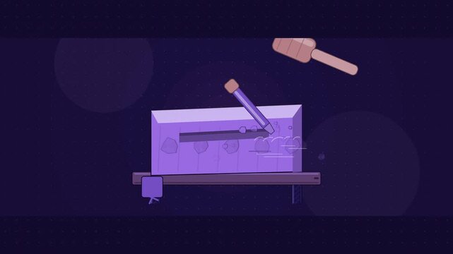 Abstract animated chisel cutting into stone drawn as violet and blue lines and shapes on a deep dark background. Seamless looping 4K motion graphics video with free space for text, ideal for title seq
