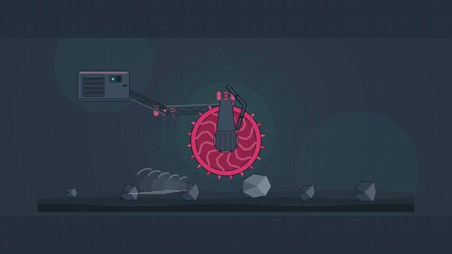 Abstract animated rover wheel rolling over terrain drawn as coral and magenta lines and shapes on a deep dark background. Seamless looping 4K motion graphics video with free space for text, ideal for 