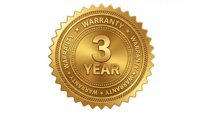 Shiny gold metallic three year warranty seal emblem icon badge isolated on white background