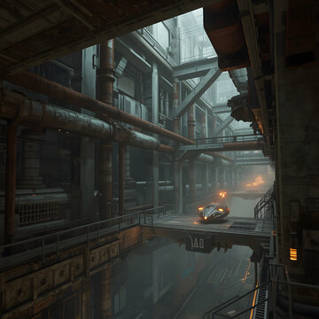Futuristic industrial complex with a sleek hovercraft on a walkway.