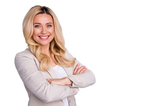 Close-up portrait of her she nice attractive cheerful cheery wavy-haired lady lawyer top executive marketing director folded arms copy space isolated on light white gray pastel color background